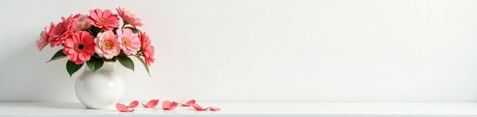 White shelf topped with a large vase filled with flowers, petals, blooming, arrangement