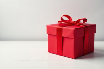 Obraz premium Red rectangular gift box on a table with red ribbon and white background, gift presentation, decoration