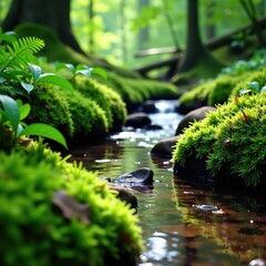 Forest floor awash with green moss and ferns beside a gentle mountain stream, moss, fern