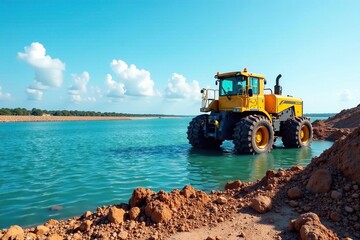Fototapeta premium Yellow dredge in the foreground with estuary landscape, dock, blue