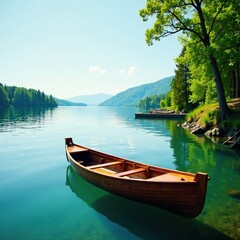 Obraz premium Wooden rowing boat in calm waters with trees nearby, docked, lake, marinas