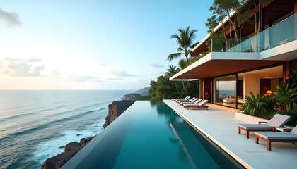 Fototapeta premium Luxurious villa infinity pool ocean travel background