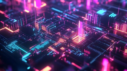 Fototapeta premium Dazzling Data Realm Vibrant Neon Infused Digital Transfer and Interconnected Smart Ecosystem