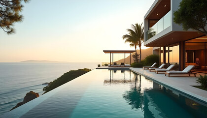 Fototapeta premium Luxurious villa infinity pool ocean travel background