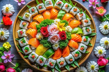 Fototapeta premium Aerial view: Sushi's colorful artistry meets floral elegance in a celebratory feast.