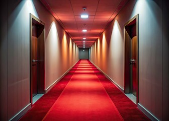 AI-designed minimalist interior: red carpet leads to abstract doorway, architectural marvel.