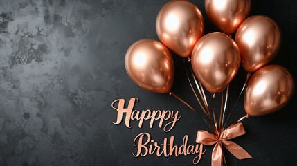 Shimmering rose-gold balloons tied with ribbons and "Happy Birthday" text on a charcoal gray background