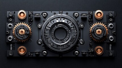 Fototapeta premium Steampunk-style intricate mechanism with gears and cogs on dark background.