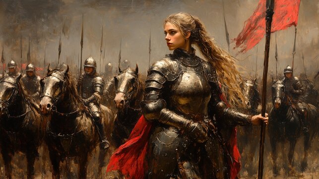 Medieval heavily armed female cavalry. Oil painting style. Holding a long spear in a cavalry charge. Cavalry followed her. On the battlefield. Armor sparkles in the sun.