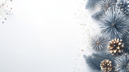 Festive winter background with silver and gold pine cones and branches on white.