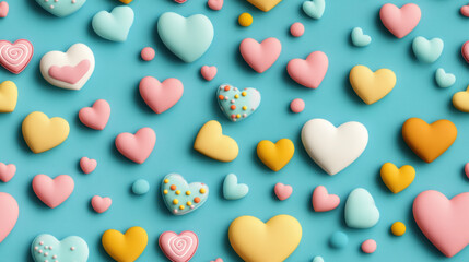 Seamless Valentine's Day, A vibrant 3D pastel heart background with a chaotic design, ideal for creative projects and high-fidelity visual content.