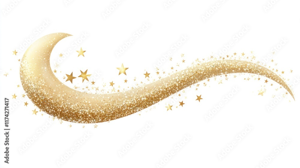 Poster a swirling golden stream of glitter forms a crescent shape adorned with sparkling stars. ideal for e