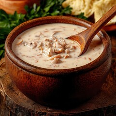 Chef ladling clam chowder into a bowl in a rustic kitchen setting, National Clam Chowder Day, highlighting the warmth and care in its preparation, ,