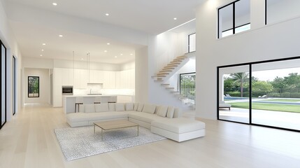 Fototapeta premium Modern Open Plan Living: 3D Rendering of Spacious Interior with Combined Living Room, Dining Room and Kitchen