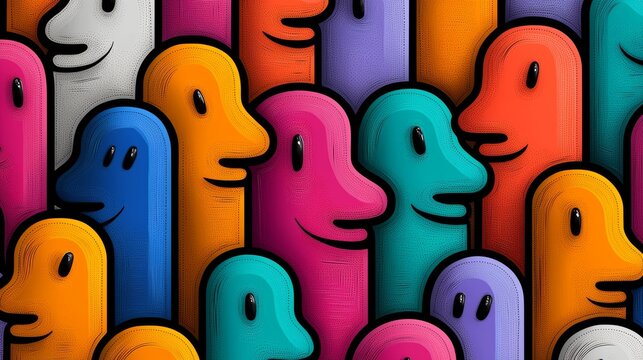 Fun doodle crowd of multicolored figures, seamless pattern with childlike energy, celebrating diversity and community spirit, bold and eye-catching