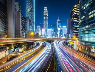 Obraz premium Futuristic Cyberpunk Cityscape with Neon Light Trails from Fast-Moving Cars and Illuminated Skyscrapers at Night