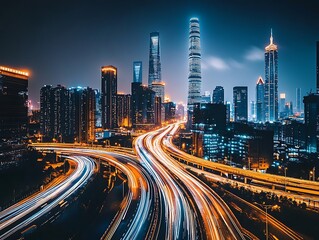 Fototapeta premium Futuristic Cyberpunk Cityscape with Neon Light Trails from Fast-Moving Cars and Illuminated Skyscrapers at Night