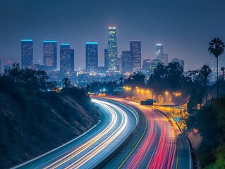 Obraz premium Futuristic Cyberpunk Cityscape with Neon Light Trails from Fast-Moving Cars and Illuminated Skyscrapers at Night