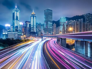 Fototapeta premium Futuristic Cyberpunk Cityscape with Neon Light Trails from Fast-Moving Cars and Illuminated Skyscrapers at Night