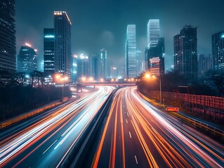 Futuristic Cyberpunk Cityscape with Neon Light Trails from Fast-Moving Cars and Illuminated Skyscrapers at Night
