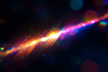 Prismatic light leaks with rainbow bokeh on dark background. Modern artistic design, abstract technology, digital effects.