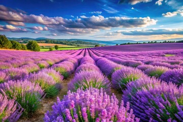 Naklejka premium Blooming lavender paints the Provençal landscape a vibrant purple, a stunning summer scene in nature's beautiful scenery.