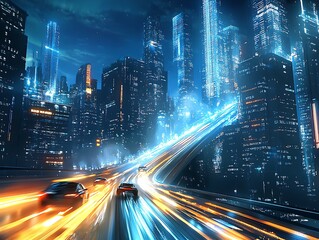 Futuristic Cyberpunk Cityscape with Neon Light Trails from Fast-Moving Cars and Illuminated Skyscrapers at Night