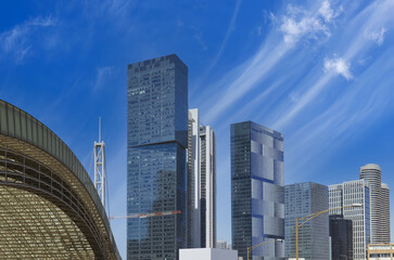 Israel, Tel Aviv financial business district skyline with shopping malls and high tech offices.