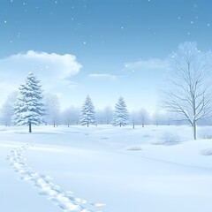 Fototapeta premium Serene winter landscape with snow-covered trees and footprints in the snow.