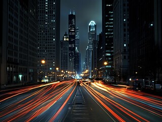 Futuristic Cyberpunk Cityscape with Neon Light Trails from Fast-Moving Cars and Illuminated Skyscrapers at Night