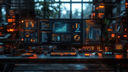 Obraz premium Cyberpunk Workstation: Futuristic Tech Setup with Data Visualization