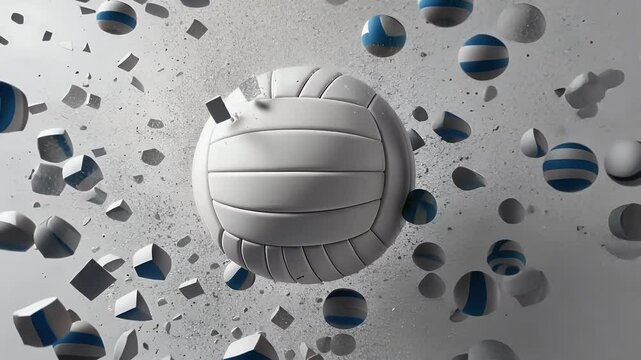 Experience thrill high energy 3D animation where powerful volleyball smashes wall creating dramatic explosion debris impact dynamic sports inspired scene