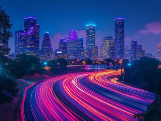 Fototapeta premium Futuristic Cyberpunk Cityscape with Neon Light Trails from Fast-Moving Cars and Illuminated Skyscrapers at Night