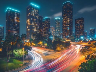 Fototapeta premium Futuristic Cyberpunk Cityscape with Neon Light Trails from Fast-Moving Cars and Illuminated Skyscrapers at Night