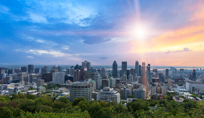 Fototapeta premium Panoramic Belvedere Mount Royal, Chalet Mont Royal, a scenic lookout of Montreal downtown skyline.