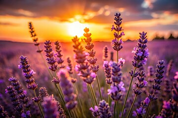 Obraz premium Close-up lavender silhouettes against a vibrant golden sunset, capturing the beauty of field flowers.
