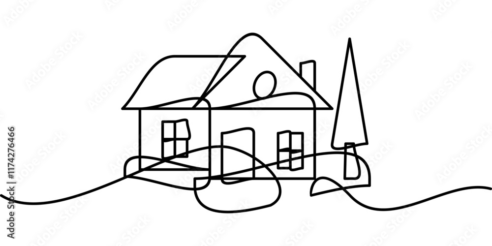 Poster continuous line drawing of house symbol with tree. abstract line art illustration