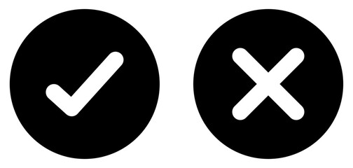 Obraz premium Check mark and cross mark icon set. Isolated tick and cross symbols, checklist signs symbol. Checkmark and cross mark icon with true and false sign. Vector illustration.