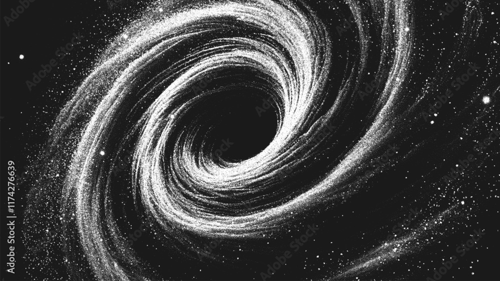 Fototapete Amazing deep space vortex of spiral galaxy in stippling style with massive black hole. Cosmic galactic portal in retro styled dotwork. Pointillism. Noisy grainy shading using dots. Vector illustration
