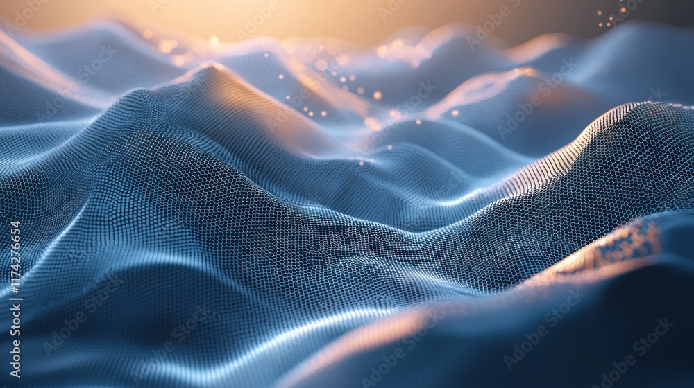 Poster abstract digital landscape: a mesmerizing view of undulating data streams, illuminated by a soft, wa