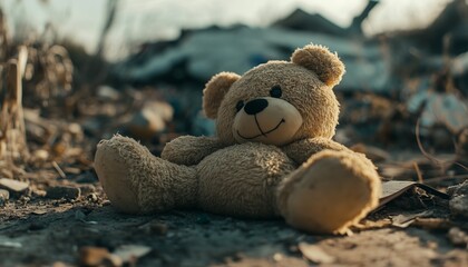Bear doll dirty on ground after disaster land