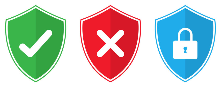 Lock security icons, security shield icon with check mark and cross mark symbol. Safety protection icons set in red, green, and blue color isolated. Vector illustration.