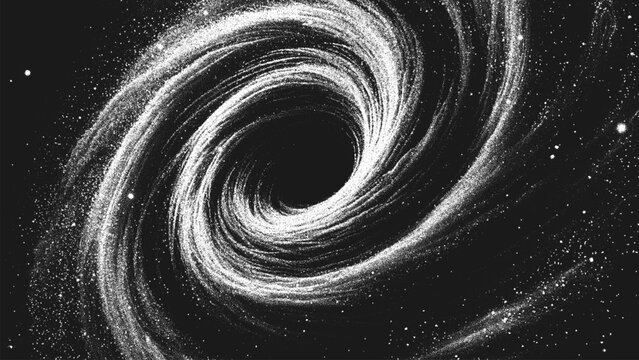 Amazing deep space vortex of spiral galaxy in stippling style with massive black hole. Cosmic galactic portal in retro styled dotwork. Pointillism. Noisy grainy shading using dots. Vector illustration