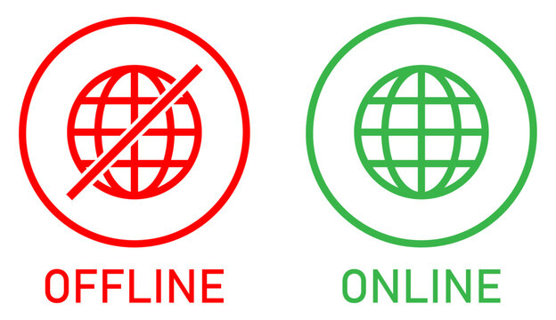 Set of online and offline internet icons red and green color. Globe icon with no signal and good signal sign symbol. Internet connection online and offline. Flat design. Vector illustration.