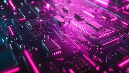 Fototapeta premium Futuristic Circuit Board Background in Neon Pink and Blue Colors – High-Resolution Tech Illustration for Digital, Electronics, and Technology Projects