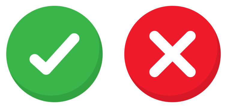 Green check mark and red cross mark icon set. Isolated tick and cross symbols, checklist signs symbol. Checkmark and cross mark icon with true and false sign. Vector illustration.