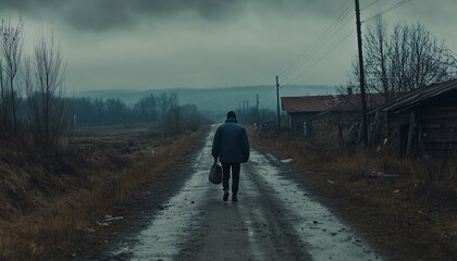 Lone figure man walking alone on empty road