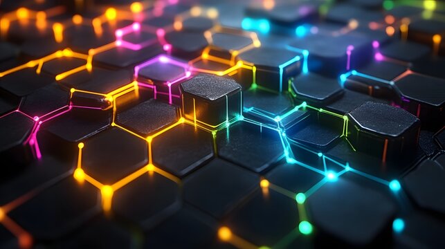 Abstract hexagonal network with vibrant glowing lines.