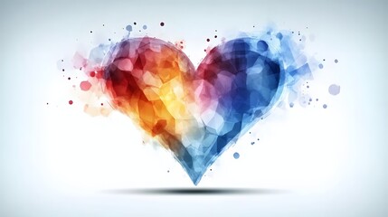 Abstract colorful heart shape with geometric design and watercolor splashes.