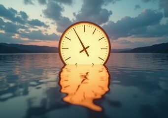 Reflection of a large clock on water at sunset with colorful clouds in the background